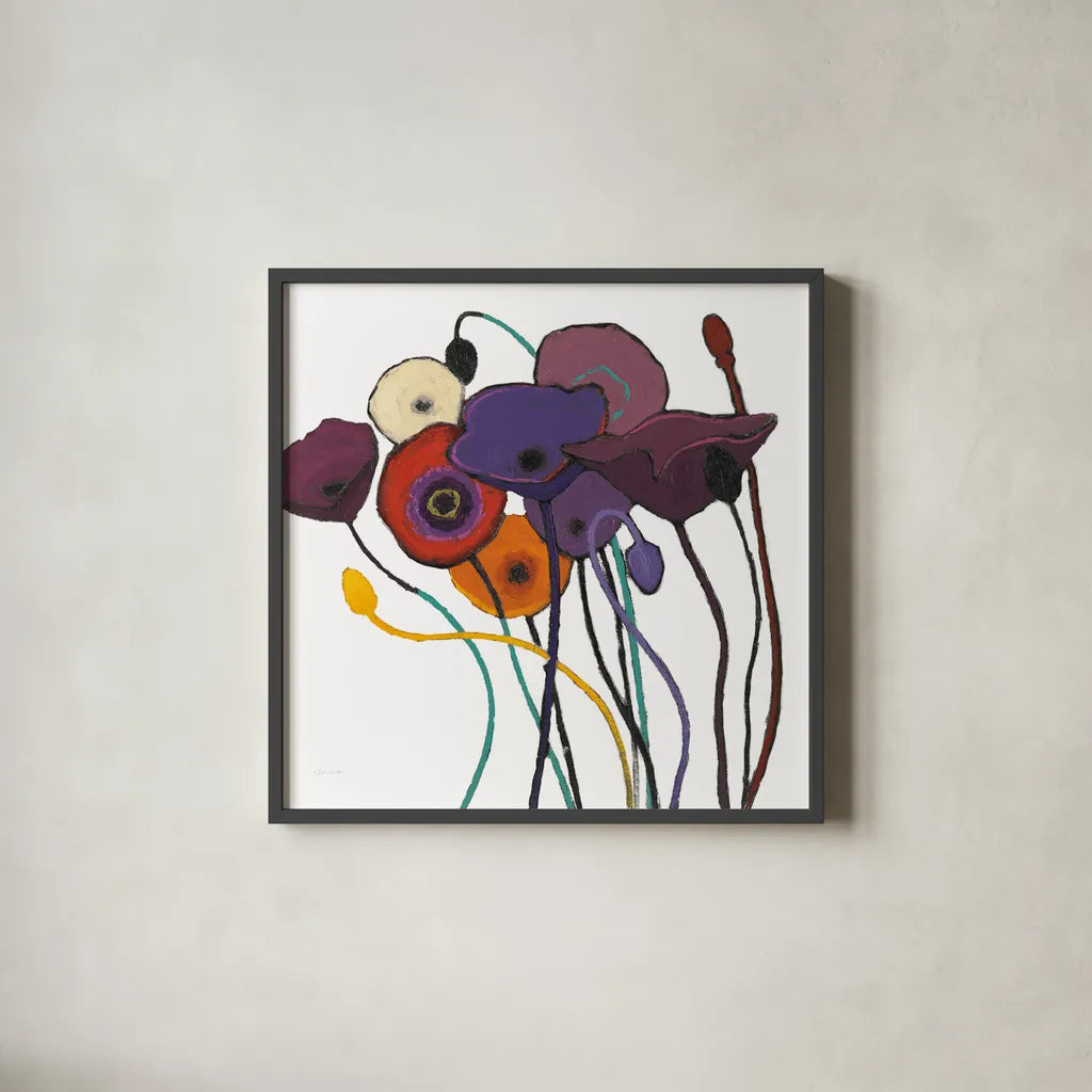 Jewel Tones on White by Shirley Novak. Shown in a sleek black glass frame for a contemporary gallery look. Available as an archival giclee rolled canvas, fine art paper, or poster print. SKU 52140a.