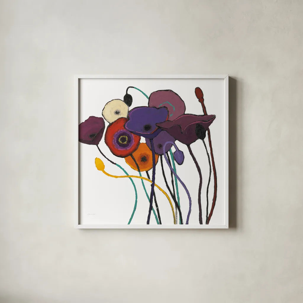 Jewel Tones on White by Shirley Novak. Shown in a crisp white glass frame for a clean and minimalist style. Available as an archival giclee rolled canvas, fine art paper, or poster print. SKU 52140a.