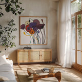 Jewel Tones on White by Shirley Novak. Shown in a natural wood frame in a cozy modern living room. Available as an archival giclee rolled canvas, fine art paper, or poster print. SKU 52140a.