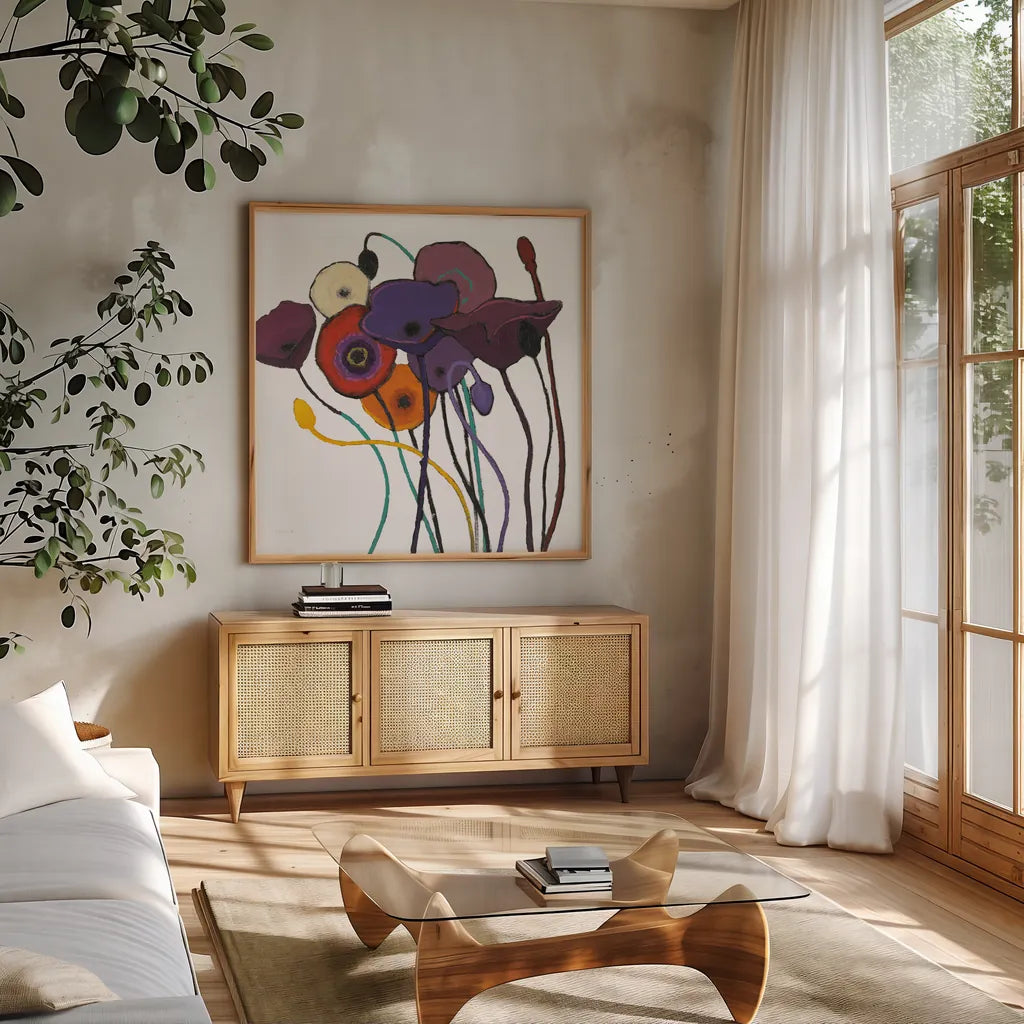 Jewel Tones on White by Shirley Novak. Shown in a natural wood frame in a cozy modern living room. Available as an archival giclee rolled canvas, fine art paper, or poster print. SKU 52140a.