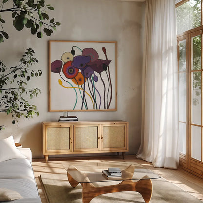 Jewel Tones on White by Shirley Novak. Shown in a natural wood frame in a cozy modern living room. Available as an archival giclee rolled canvas, fine art paper, or poster print. SKU 52140a.