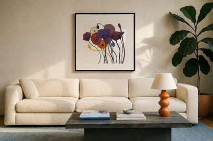 Jewel Tones on White by Shirley Novak. Displayed in a glass frame with matte in a clean modern living room. Available as an archival giclee rolled canvas, fine art paper, or poster print. SKU 52140a.