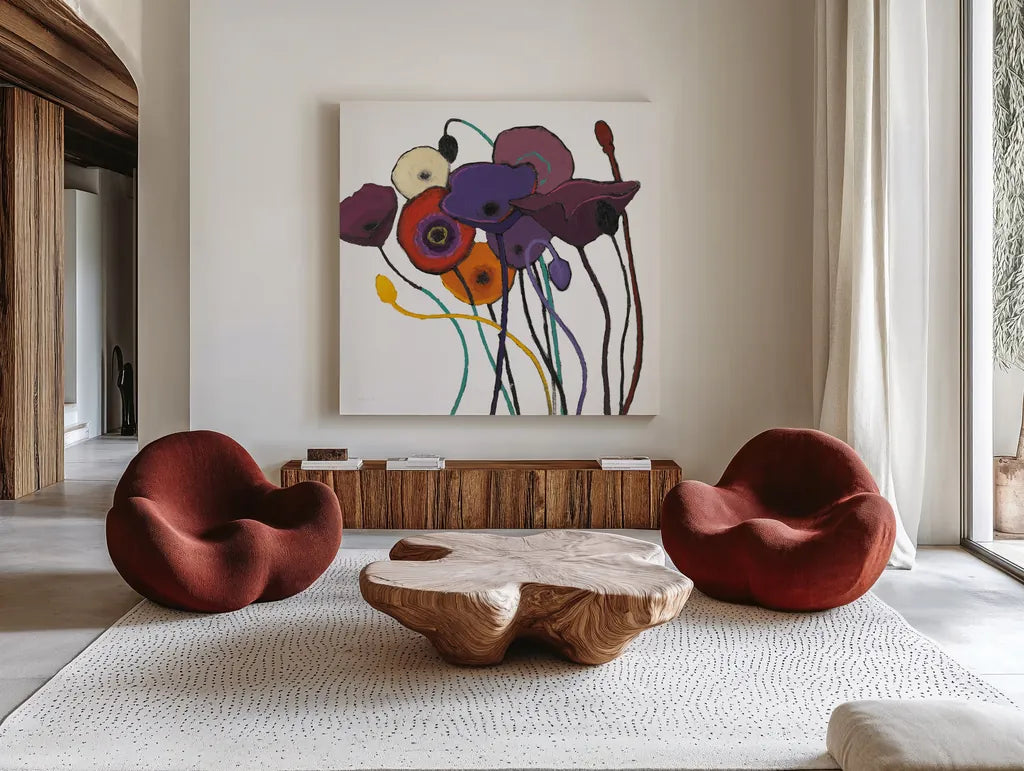 Jewel Tones on White by Shirley Novak. Shown as extra-large giant wall art in a modern living room. Available as an archival giclee rolled canvas, fine art paper, or poster print. SKU 52140a.