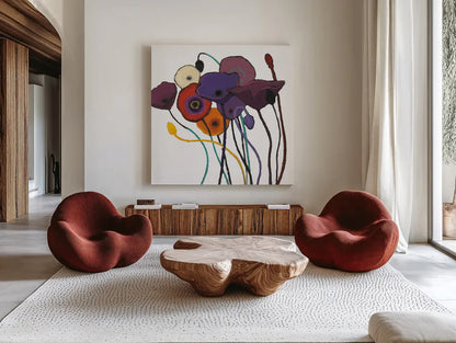Jewel Tones on White by Shirley Novak. Shown as extra-large giant wall art in a modern living room. Available as an archival giclee rolled canvas, fine art paper, or poster print. SKU 52140a.