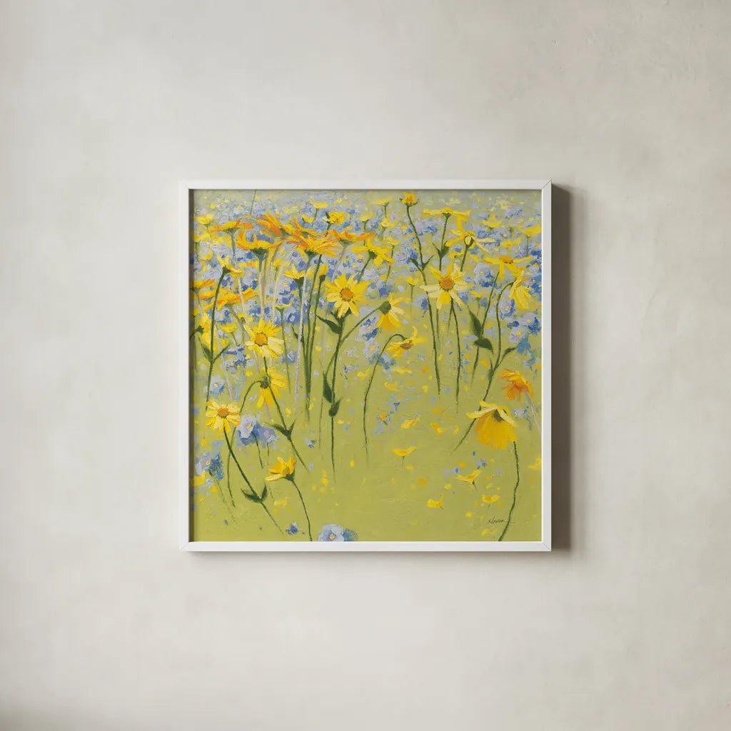 Joyful In July II by Shirley Novak. Shown in a crisp white glass frame for a clean and minimalist style. Available as an archival giclee rolled canvas, fine art paper, or poster print. SKU 26625a.