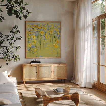Joyful In July II by Shirley Novak. Shown in a natural wood frame in a cozy modern living room. Available as an archival giclee rolled canvas, fine art paper, or poster print. SKU 26625a.