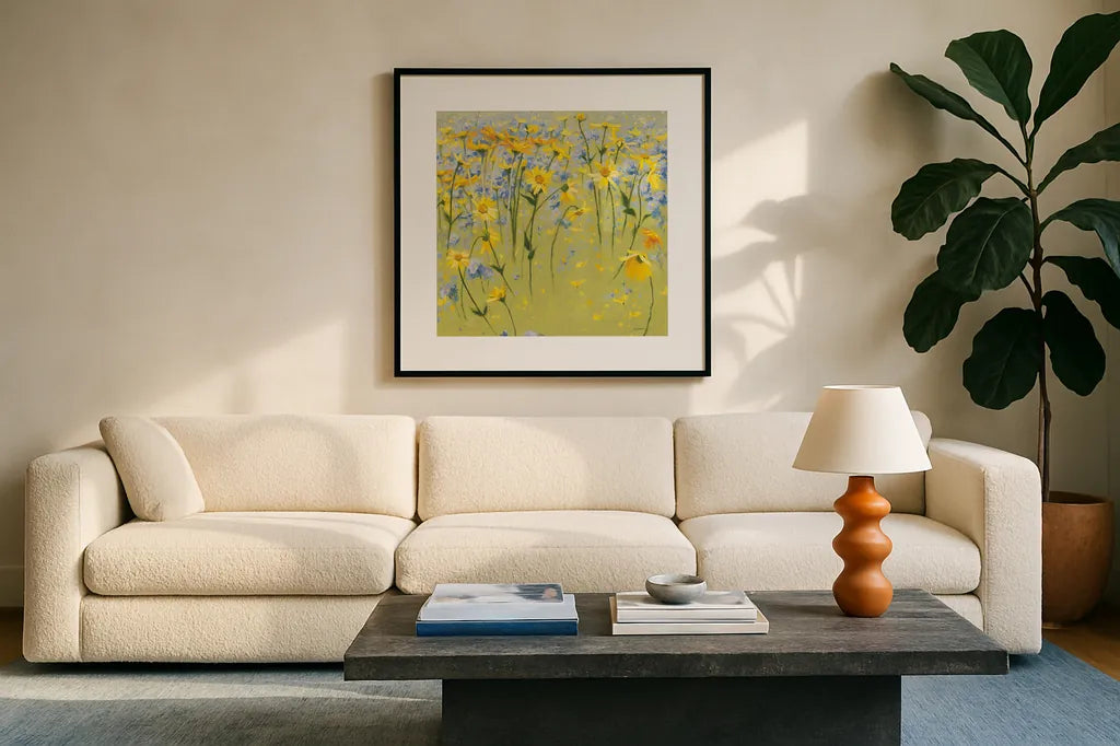 Joyful In July II by Shirley Novak. Displayed in a glass frame with matte in a clean modern living room. Available as an archival giclee rolled canvas, fine art paper, or poster print. SKU 26625a.