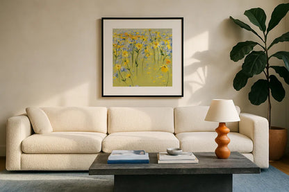 Joyful In July II by Shirley Novak. Displayed in a glass frame with matte in a clean modern living room. Available as an archival giclee rolled canvas, fine art paper, or poster print. SKU 26625a.