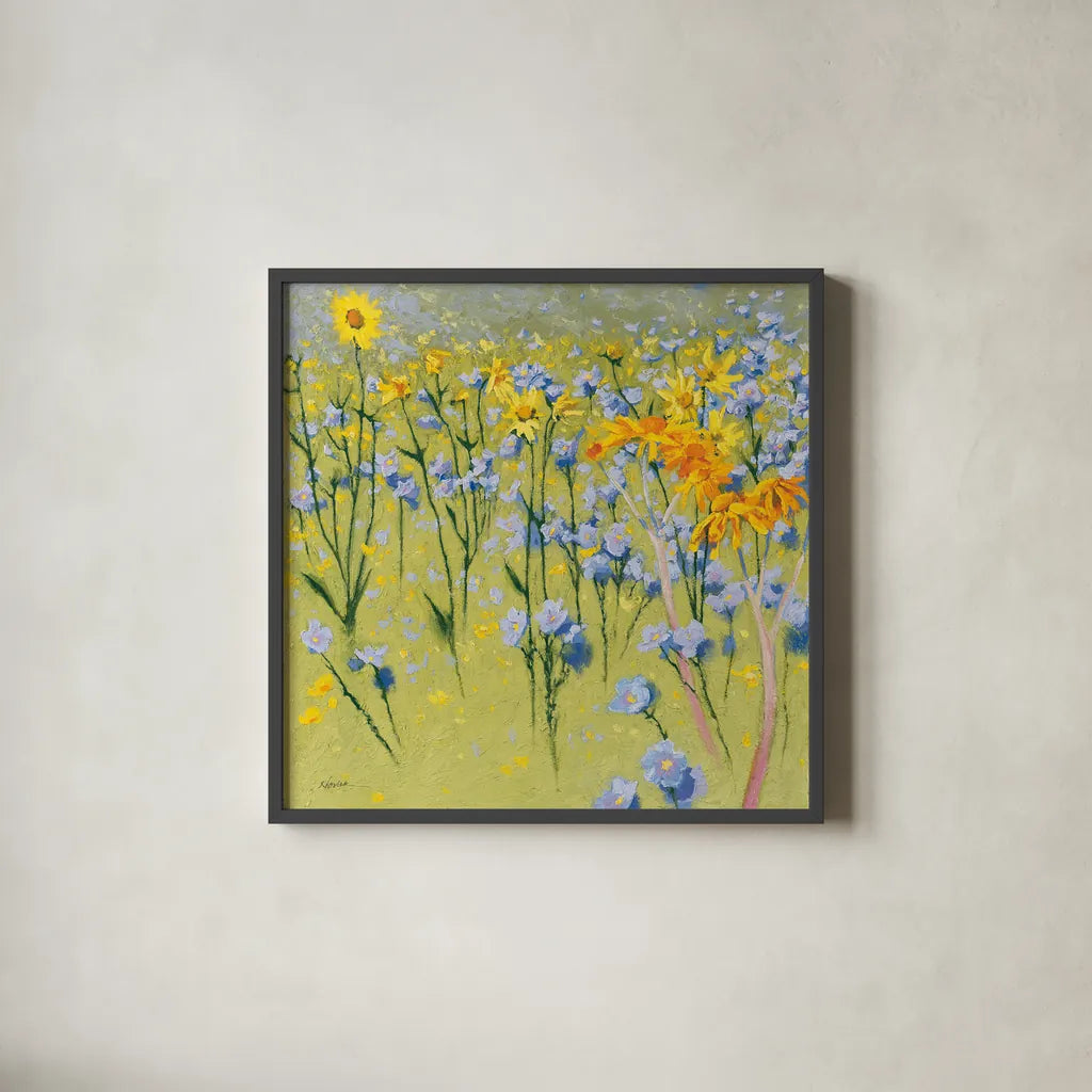 Joyful in July I by Shirley Novak. Shown in a sleek black glass frame for a contemporary gallery look. Available as an archival giclee rolled canvas, fine art paper, or poster print. SKU 46046a.