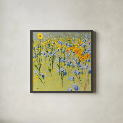 Joyful in July I by Shirley Novak. Shown in a sleek black glass frame for a contemporary gallery look. Available as an archival giclee rolled canvas, fine art paper, or poster print. SKU 46046a.