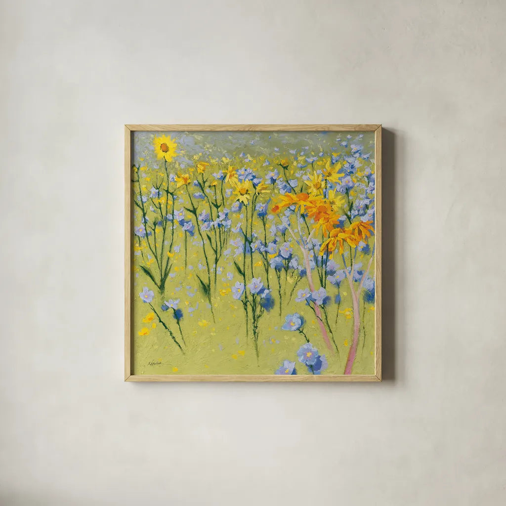 Joyful in July I by Shirley Novak. Shown in a natural wood glass frame for a timeless modern aesthetic. Available as an archival giclee rolled canvas, fine art paper, or poster print. SKU 46046a.