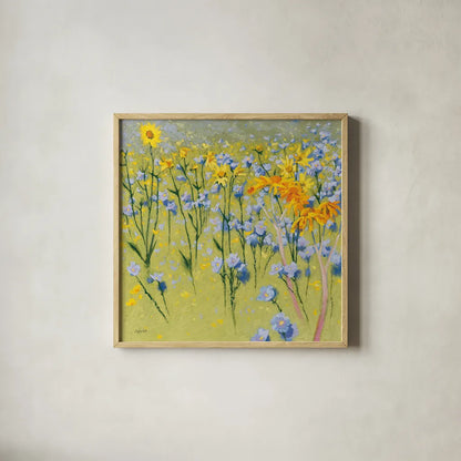 Joyful in July I by Shirley Novak. Shown in a natural wood glass frame for a timeless modern aesthetic. Available as an archival giclee rolled canvas, fine art paper, or poster print. SKU 46046a.