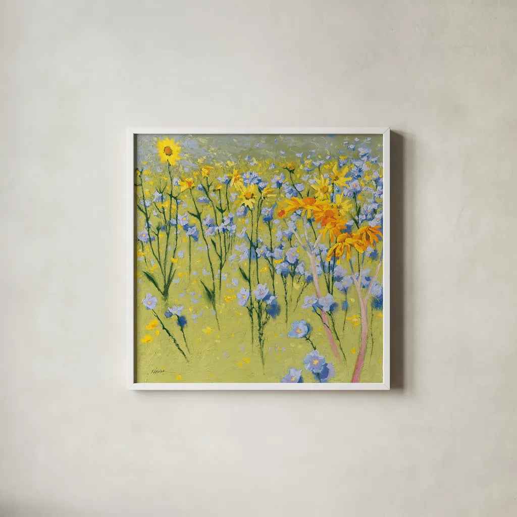Joyful in July I by Shirley Novak. Shown in a crisp white glass frame for a clean and minimalist style. Available as an archival giclee rolled canvas, fine art paper, or poster print. SKU 46046a.