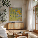 Joyful in July I by Shirley Novak. Shown in a natural wood frame in a cozy modern living room. Available as an archival giclee rolled canvas, fine art paper, or poster print. SKU 46046a.