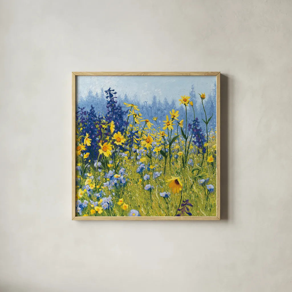 Joyful in July III by Shirley Novak. Shown in a natural wood glass frame for a timeless modern aesthetic. Available as an archival giclee rolled canvas, fine art paper, or poster print. SKU 28602a.