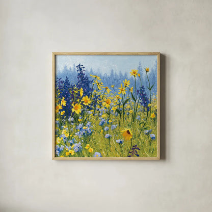 Joyful in July III by Shirley Novak. Shown in a natural wood glass frame for a timeless modern aesthetic. Available as an archival giclee rolled canvas, fine art paper, or poster print. SKU 28602a.