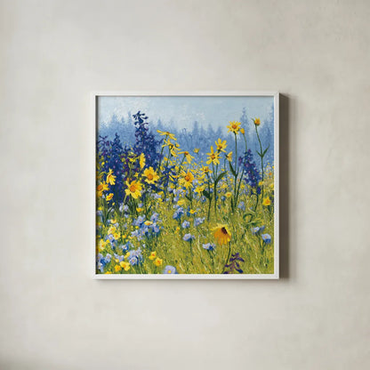 Joyful in July III by Shirley Novak. Shown in a crisp white glass frame for a clean and minimalist style. Available as an archival giclee rolled canvas, fine art paper, or poster print. SKU 28602a.