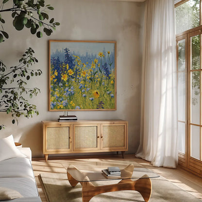 Joyful in July III by Shirley Novak. Shown in a natural wood frame in a cozy modern living room. Available as an archival giclee rolled canvas, fine art paper, or poster print. SKU 28602a.