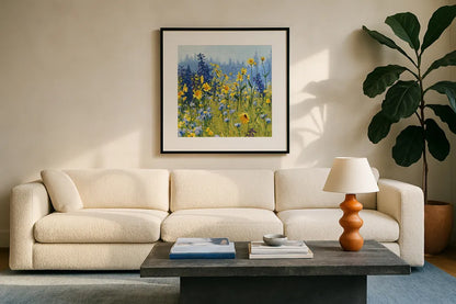 Joyful in July III by Shirley Novak. Displayed in a glass frame with matte in a clean modern living room. Available as an archival giclee rolled canvas, fine art paper, or poster print. SKU 28602a.