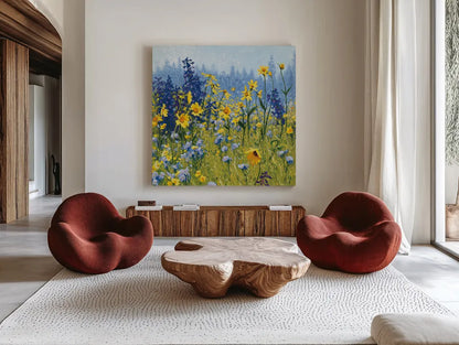 Joyful in July III by Shirley Novak. Shown as extra-large giant wall art in a modern living room. Available as an archival giclee rolled canvas, fine art paper, or poster print. SKU 28602a.