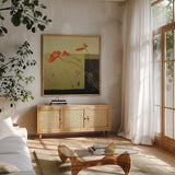 Leaning a Little East by Shirley Novak. Shown in a natural wood frame in a cozy modern living room. Available as an archival giclee rolled canvas, fine art paper, or poster print. SKU 98491a.