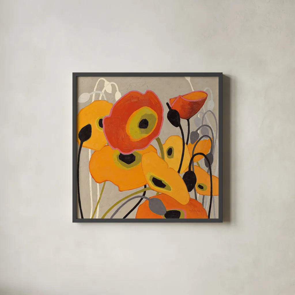 Mango Tango I by Shirley Novak. Shown in a sleek black glass frame for a contemporary gallery look. Available as an archival giclee rolled canvas, fine art paper, or poster print. SKU 10063a.