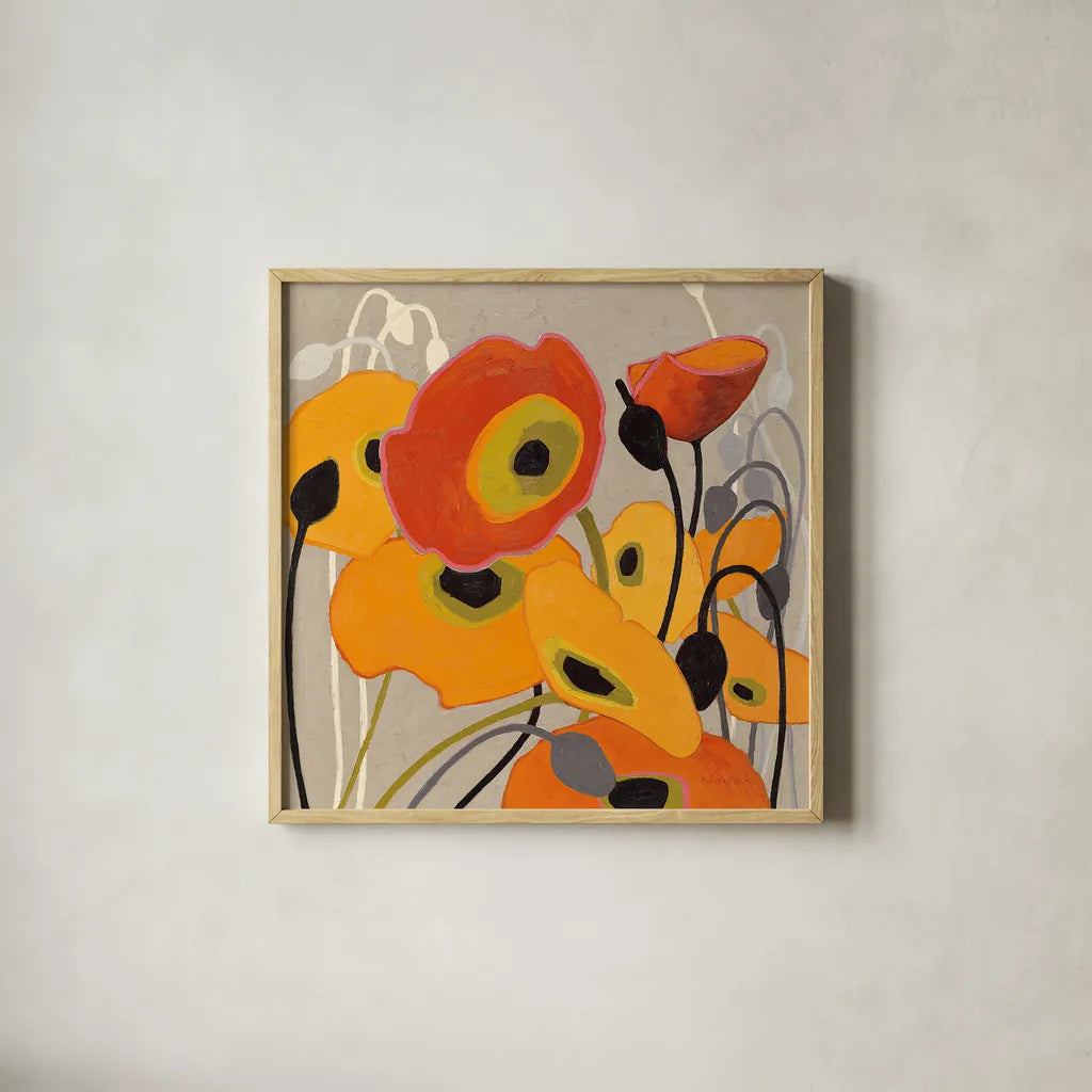 Mango Tango I by Shirley Novak. Shown in a natural wood glass frame for a timeless modern aesthetic. Available as an archival giclee rolled canvas, fine art paper, or poster print. SKU 10063a.