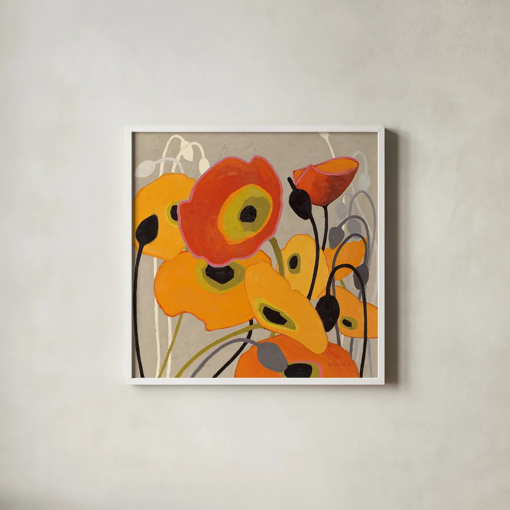 Mango Tango I by Shirley Novak. Shown in a crisp white glass frame for a clean and minimalist style. Available as an archival giclee rolled canvas, fine art paper, or poster print. SKU 10063a.