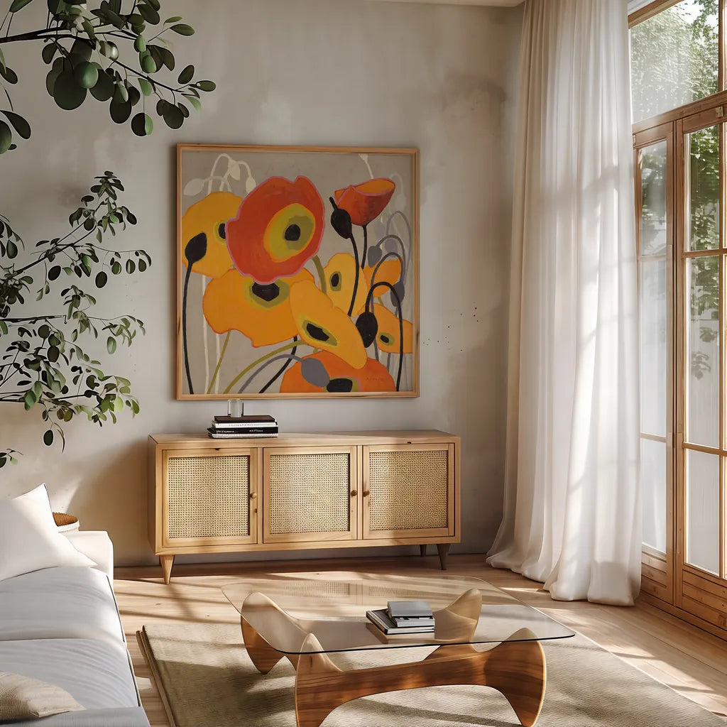 Mango Tango I by Shirley Novak. Shown in a natural wood frame in a cozy modern living room. Available as an archival giclee rolled canvas, fine art paper, or poster print. SKU 10063a.