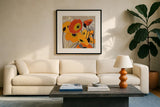 Mango Tango I by Shirley Novak. Displayed in a glass frame with matte in a clean modern living room. Available as an archival giclee rolled canvas, fine art paper, or poster print. SKU 10063a.