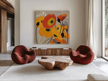 Mango Tango I by Shirley Novak. Shown as extra-large giant wall art in a modern living room. Available as an archival giclee rolled canvas, fine art paper, or poster print. SKU 10063a.