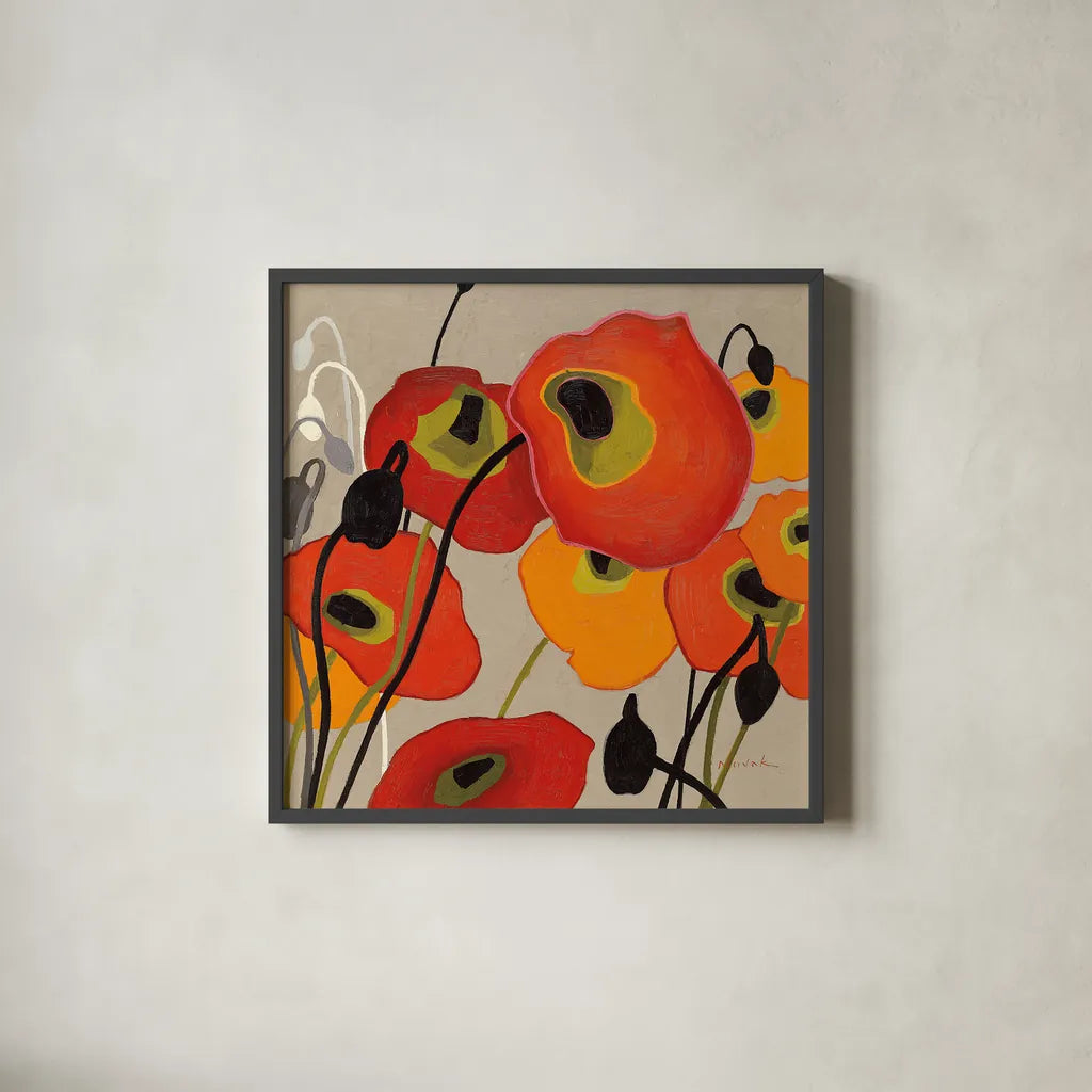 Mango Tango II by Shirley Novak. Shown in a sleek black glass frame for a contemporary gallery look. Available as an archival giclee rolled canvas, fine art paper, or poster print. SKU 10064a.