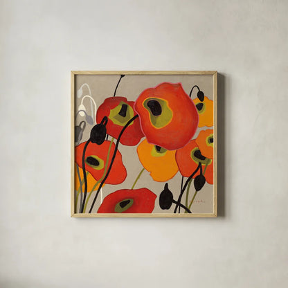 Mango Tango II by Shirley Novak. Shown in a natural wood glass frame for a timeless modern aesthetic. Available as an archival giclee rolled canvas, fine art paper, or poster print. SKU 10064a.