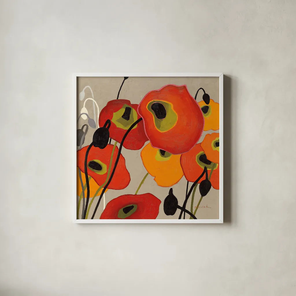 Mango Tango II by Shirley Novak. Shown in a crisp white glass frame for a clean and minimalist style. Available as an archival giclee rolled canvas, fine art paper, or poster print. SKU 10064a.