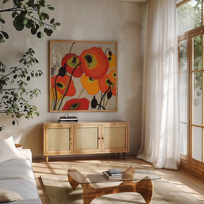 Mango Tango II by Shirley Novak. Shown in a natural wood frame in a cozy modern living room. Available as an archival giclee rolled canvas, fine art paper, or poster print. SKU 10064a.