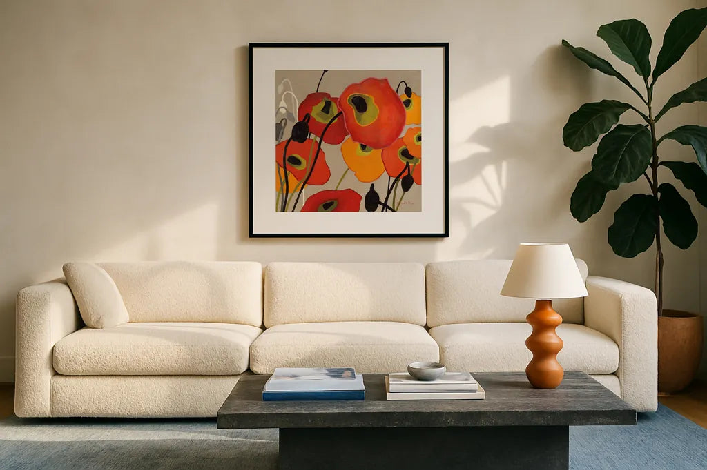 Mango Tango II by Shirley Novak. Displayed in a glass frame with matte in a clean modern living room. Available as an archival giclee rolled canvas, fine art paper, or poster print. SKU 10064a.