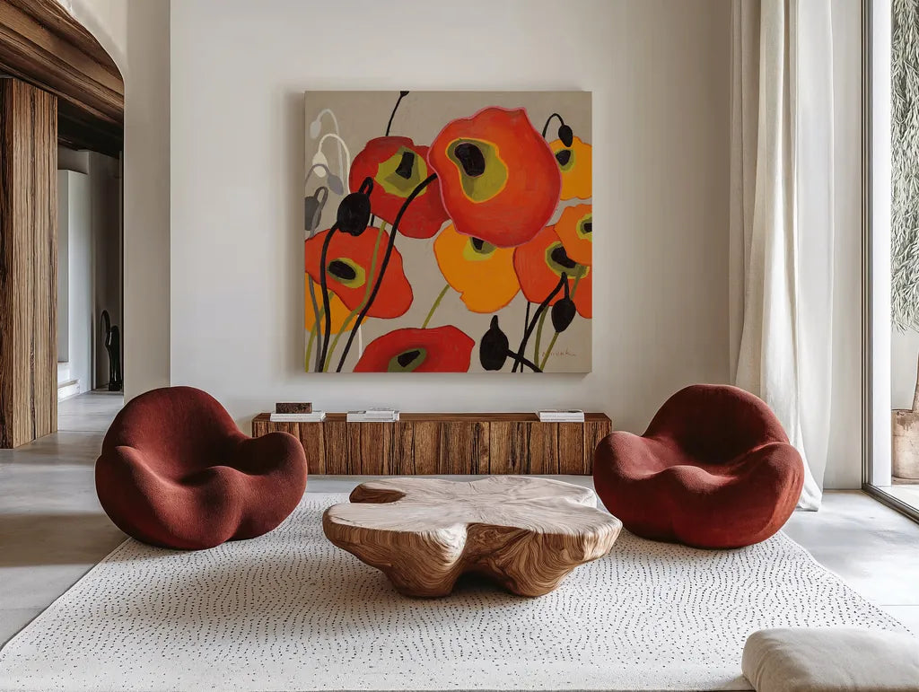 Mango Tango II by Shirley Novak. Shown as extra-large giant wall art in a modern living room. Available as an archival giclee rolled canvas, fine art paper, or poster print. SKU 10064a.