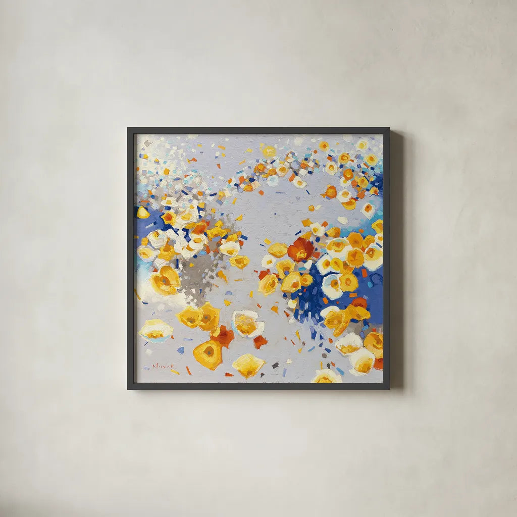 Millefiori by Shirley Novak. Shown in a sleek black glass frame for a contemporary gallery look. Available as an archival giclee rolled canvas, fine art paper, or poster print. SKU 22149a.