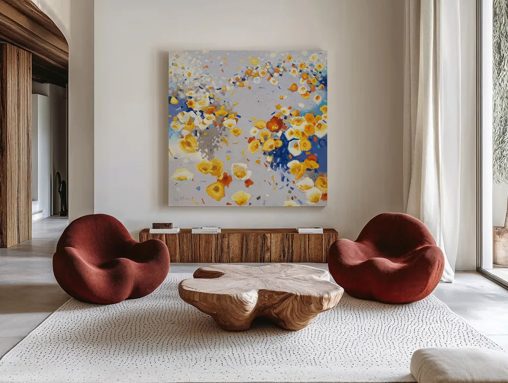 Millefiori by Shirley Novak. Shown as extra-large giant wall art in a modern living room. Available as an archival giclee rolled canvas, fine art paper, or poster print. SKU 22149a.
