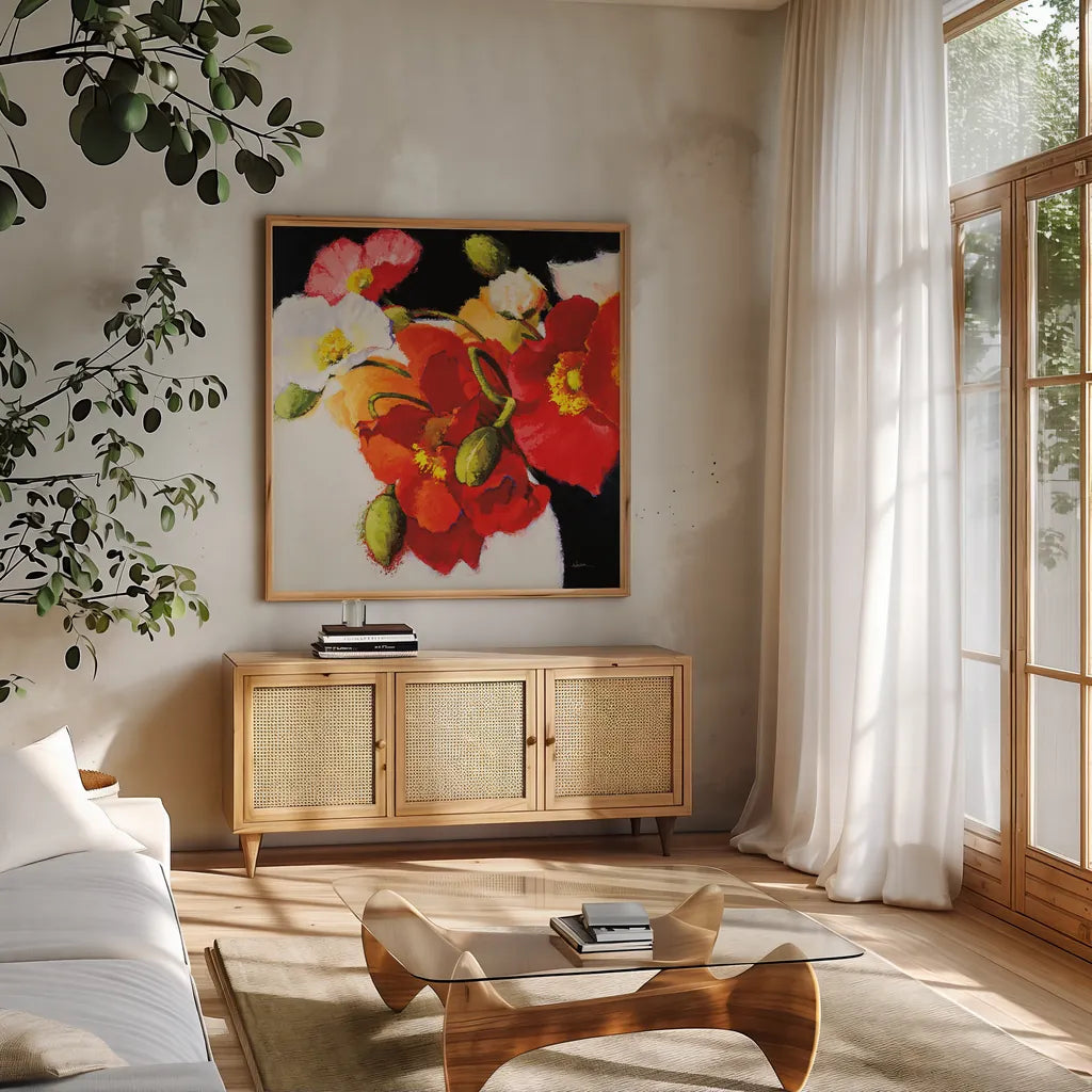 My Audacity I by Shirley Novak. Shown in a natural wood frame in a cozy modern living room. Available as an archival giclee rolled canvas, fine art paper, or poster print. SKU 89329a.