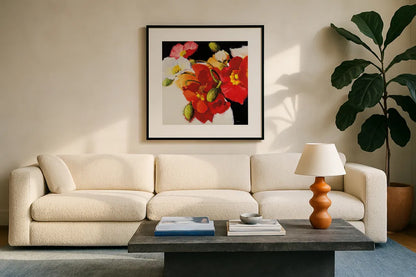 My Audacity I by Shirley Novak. Displayed in a glass frame with matte in a clean modern living room. Available as an archival giclee rolled canvas, fine art paper, or poster print. SKU 89329a.