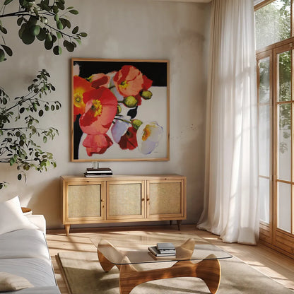 My Audacity II by Shirley Novak. Shown in a natural wood frame in a cozy modern living room. Available as an archival giclee rolled canvas, fine art paper, or poster print. SKU 89330a.