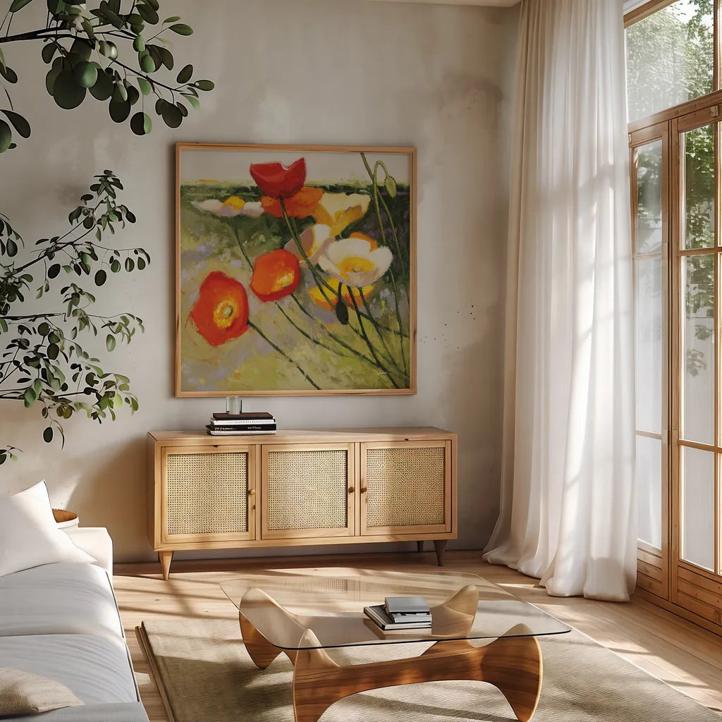 My Favorite by Shirley Novak. Shown in a natural wood frame in a cozy modern living room. Available as an archival giclee rolled canvas, fine art paper, or poster print. SKU 91146a.