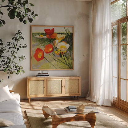 My Favorite by Shirley Novak. Shown in a natural wood frame in a cozy modern living room. Available as an archival giclee rolled canvas, fine art paper, or poster print. SKU 91146a.