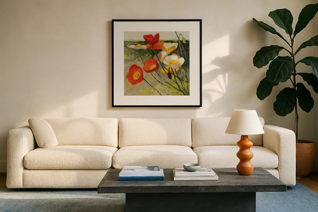My Favorite by Shirley Novak. Displayed in a glass frame with matte in a clean modern living room. Available as an archival giclee rolled canvas, fine art paper, or poster print. SKU 91146a.