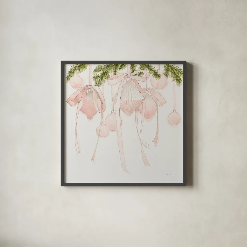 My Pink Christmas by Shirley Novak. Shown in a sleek black glass frame for a contemporary gallery look. Available as an archival giclee rolled canvas, fine art paper, or poster print. SKU 96949a.