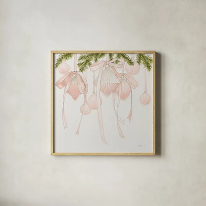 My Pink Christmas by Shirley Novak. Shown in a natural wood glass frame for a timeless modern aesthetic. Available as an archival giclee rolled canvas, fine art paper, or poster print. SKU 96949a.