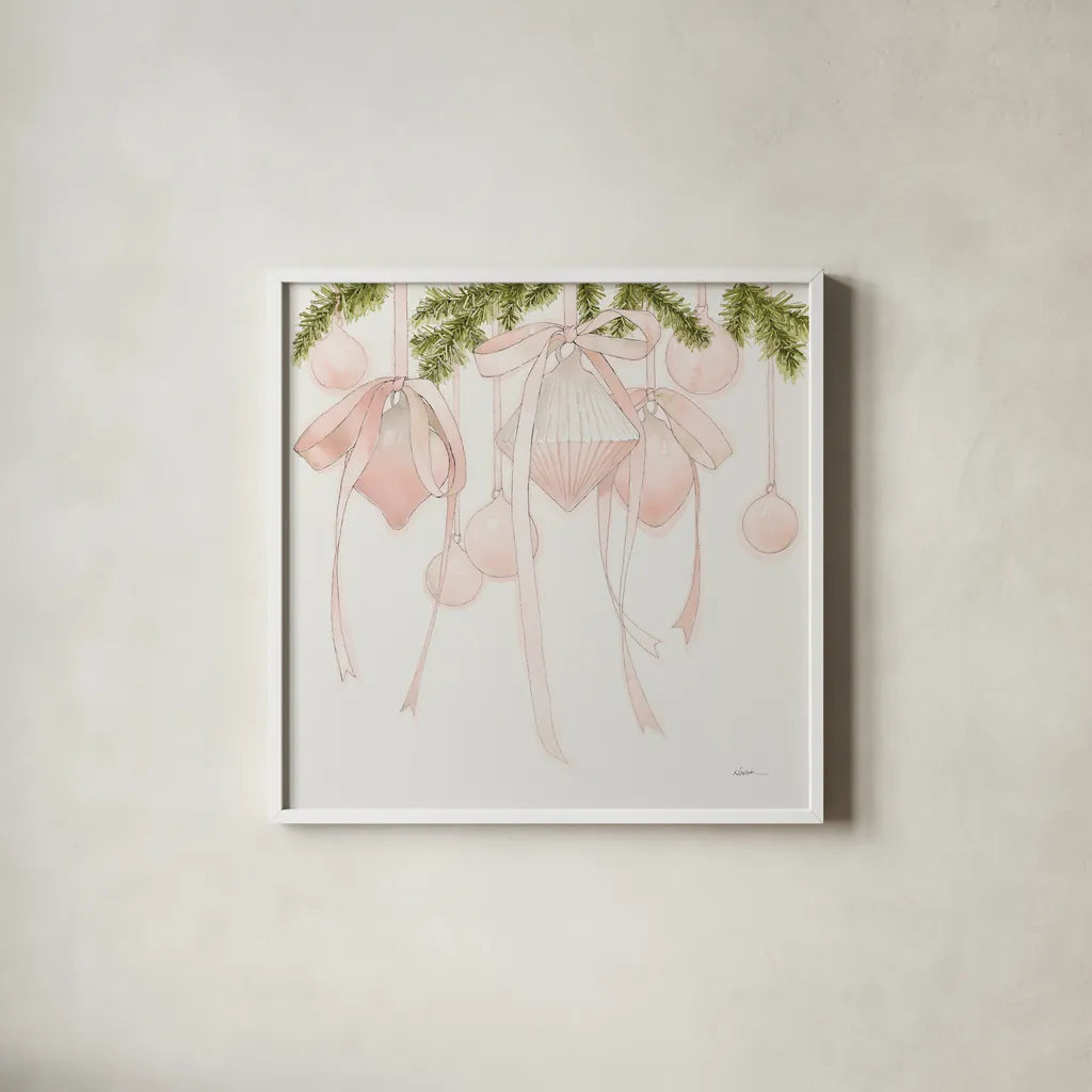My Pink Christmas by Shirley Novak. Shown in a crisp white glass frame for a clean and minimalist style. Available as an archival giclee rolled canvas, fine art paper, or poster print. SKU 96949a.