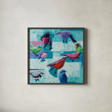 Odd Flock by Shirley Novak. Shown in a sleek black glass frame for a contemporary gallery look. Available as an archival giclee rolled canvas, fine art paper, or poster print. SKU 92997a.