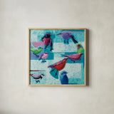 Odd Flock by Shirley Novak. Shown in a natural wood glass frame for a timeless modern aesthetic. Available as an archival giclee rolled canvas, fine art paper, or poster print. SKU 92997a.